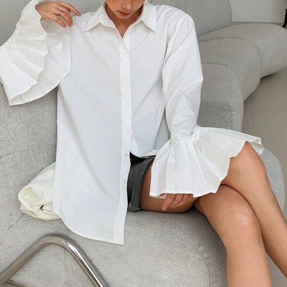 White Casual Women's Korean Shirt With Ruffled Cuffs - Picture 2 of 6